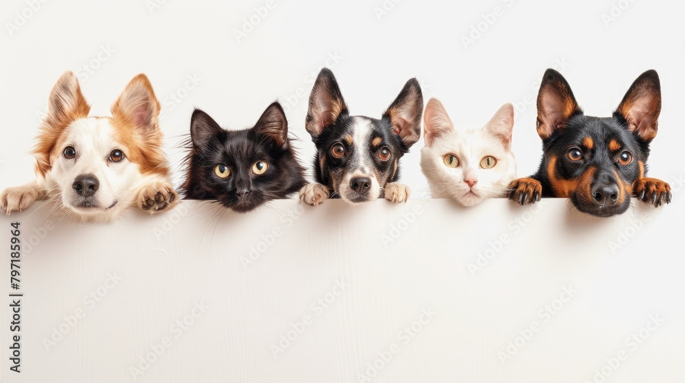 Whimsical web banner Cats and dogs peeking over white. Ai Generated.