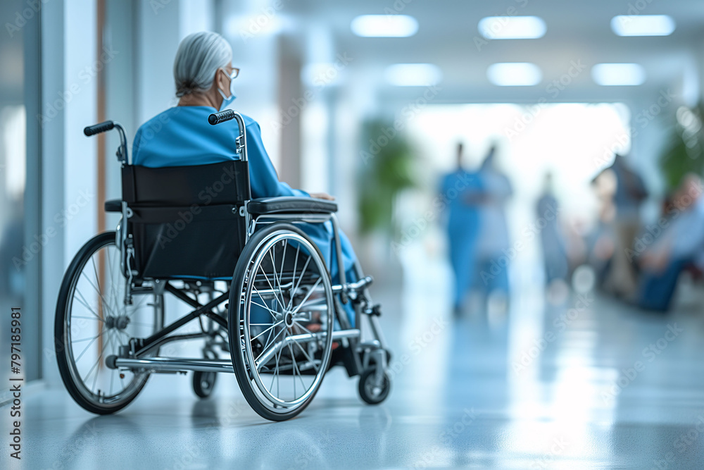 An elderly woman sitting in a wheelchair in the hospital hallway. Elderly woman in patient gown in wheelchair. Concept of medicine, old age, and patient care