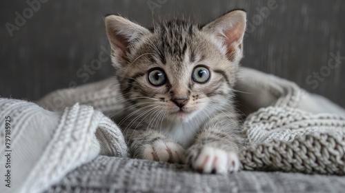 Adorable cat lounges on grey sofa. Ai Generated. © Crazy Juke