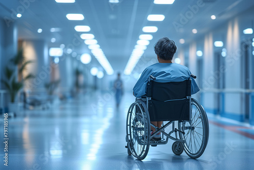 An elderly woman sitting in a wheelchair in the hospital hallway. Elderly woman in patient gown in wheelchair. Concept of medicine, old age, and patient care