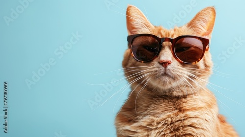 Closeup of funny ginger cat in sunglasses on light cyan. Ai Generated.