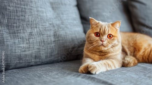 Adorable red Scottish Fold cat with orange eyes rests on a grey textile sofa at home. Ai Generated. © Crazy Juke