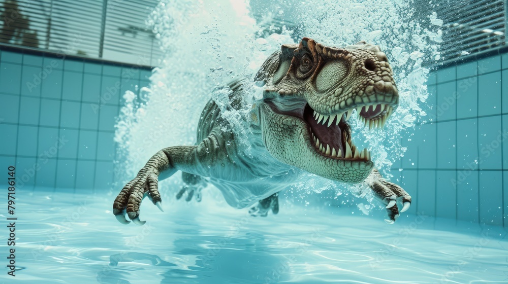 Naklejka premium Hilarious underwater scene dinosaur in pool plays deep dive action, Ai Generated.
