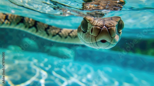 Hilarious underwater scene cobra in pool plays deep dive action, Ai Generated. photo
