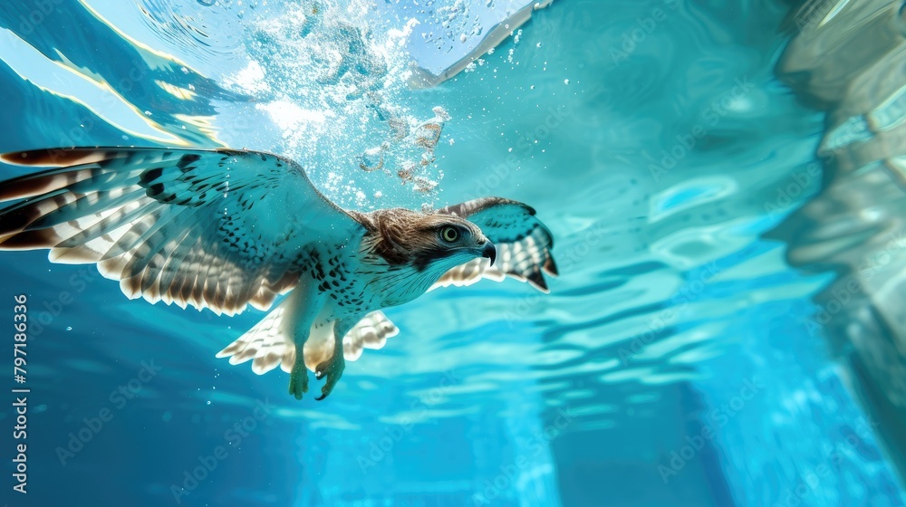Obraz premium Hilarious underwater scene hawk in pool plays deep dive action, Ai Generated.