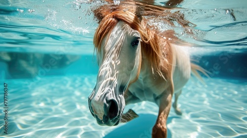 Hilarious underwater scene horse in pool plays deep dive action, Ai Generated.