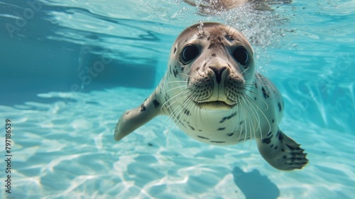Hilarious underwater scene seal in pool plays deep dive action, Ai Generated. photo