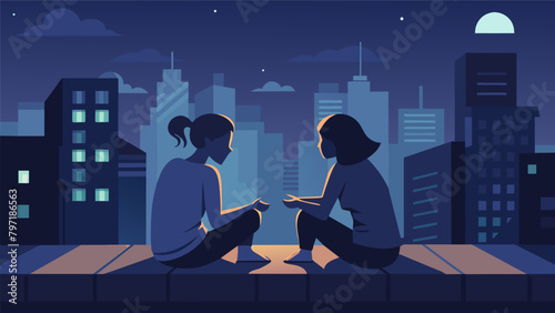 Under the ling lights of the city two friends sit crosslegged on a rooftop sharing whispered revelations as the night grows darker.. Vector illustration