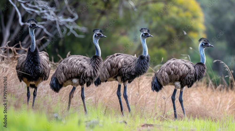 Fototapeta premium group of emu birds roam freely in the wild habitat. Ai Generated.