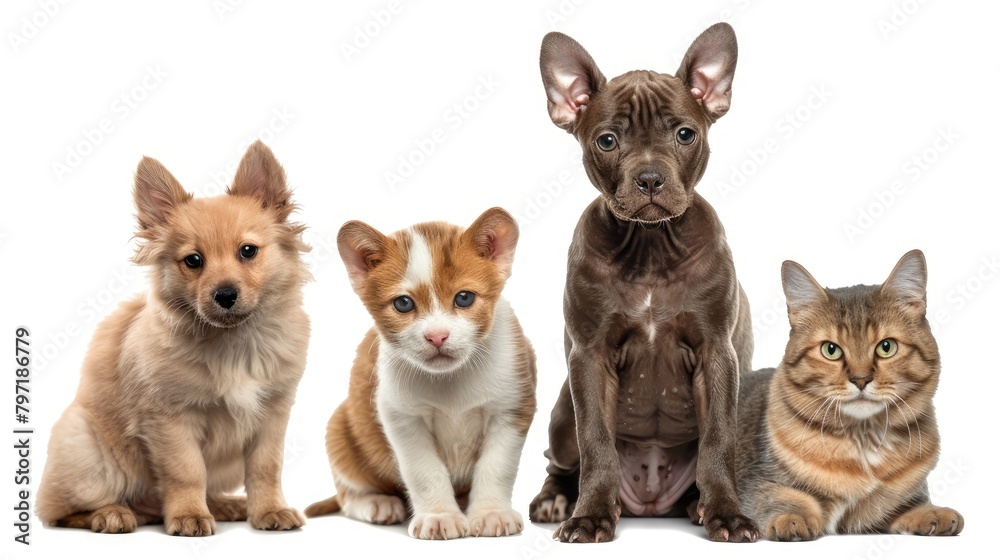 Adorable group of pets sit together in front of a white background. Ai Generated.