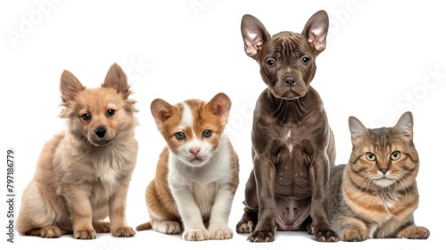 Adorable group of pets sit together in front of a white background. Ai Generated. © Crazy Juke