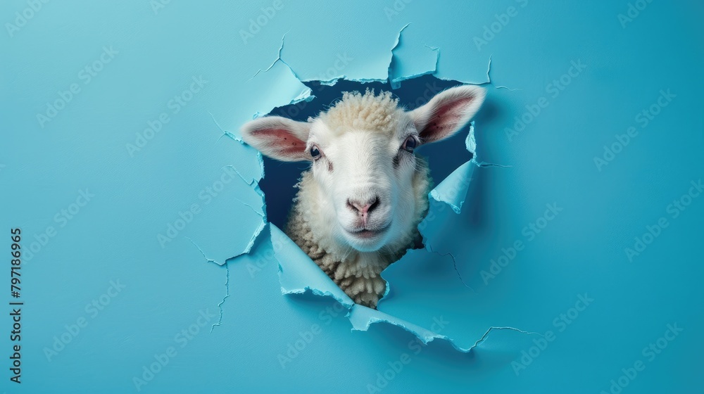 Naklejka premium A humorous sheep peers through a ripped hole in a contrast pastel color paper background, Ai Generated