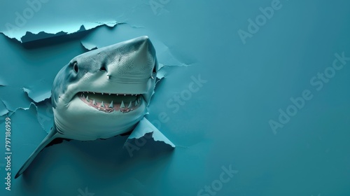 A humorous shark peers through a ripped hole in a contrast pastel color paper background  Ai Generated