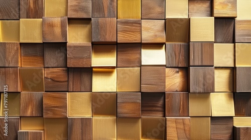 Elevate your space with a 3D wallpaper mimicking a luxurious wood and gold mosaic decor. Ai Generated.