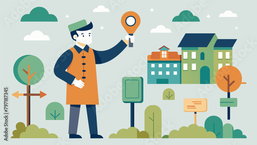The guide points out the various historical markers p throughout the neighborhood each representing a different period in its rich history.. Vector illustration