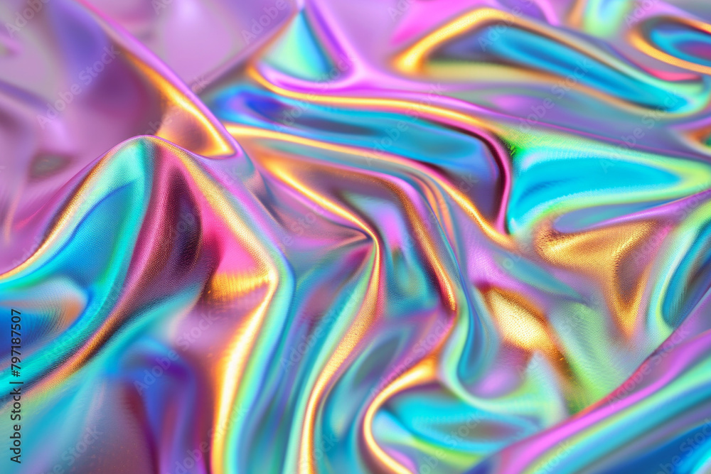 Texture of holographic foil with iridescent colors and reflective properties. 