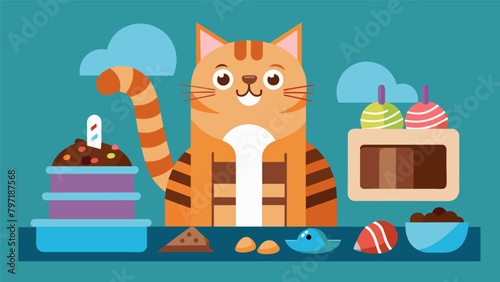 A curious tabby cat investigates a fancy treat bar trying out various delicacies and selecting his favorites..