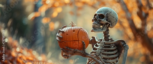 Halloween holiday concept featuring a scary skeleton with a pumpkin 🎃💀 The scene is set against a backdrop of colorful autumn leaves, creating a spooky yet festive atmosphere. The skeleton's bony photo