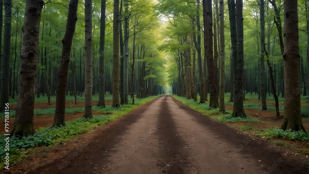 Fototapeta premium A forest pathway lined with trees, each displaying an ombre effect from roots to tips, shifting from earthy browns to vibrant greens ai_generated