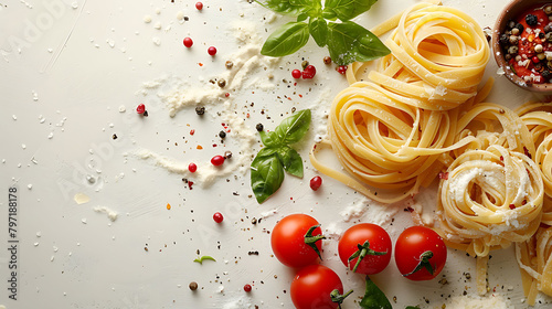 Cooking background frame, Food ingredients for italian pasta on white background
