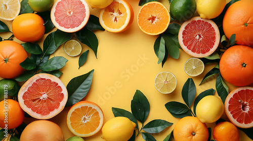 Creative background made of summer tropical fruits with leaves  grapefruit  orange  tangerine  lemon  lime on pastel yellow background  Food concept  Flat lay  top view  copy space