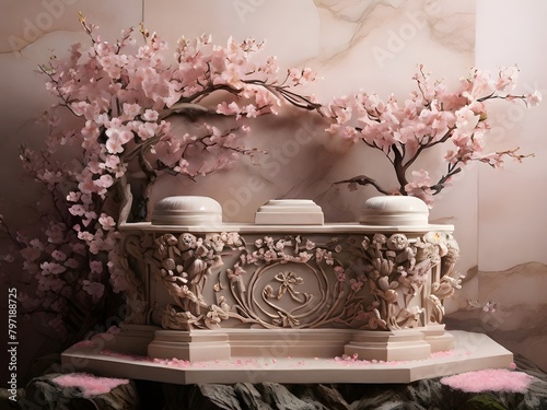 3d render, cherry blossom tree on podium, Ai Generated