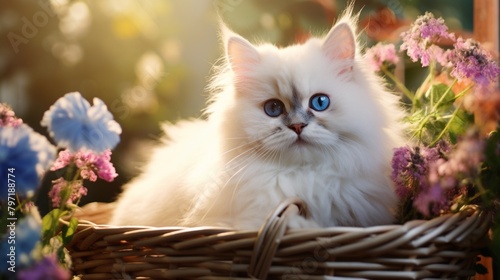 A close-up of a fluffy white kitten with big blue eyes, sitting in a basket surrounded by colorful flowers, bathed in soft sunlight