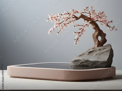 3d render, cherry blossom tree on podium, Ai Generated