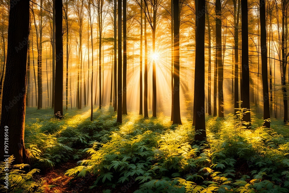 Fototapeta premium A forest with a sun shining through the trees