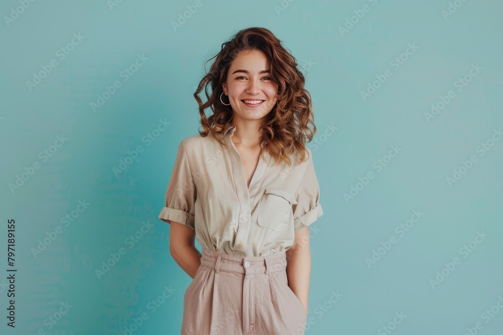 Happy successful woman standing in casual outfit, smiling pleased at camera and looking confident, standing against one color background - generative ai Happy successful woman standing in casual outfit, smiling pleased at camera and looking confident, standing against one color background - generative ai