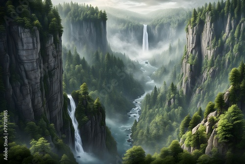 A mountain range with a river flowing through it and two waterfalls