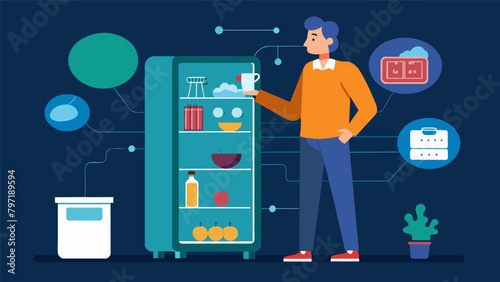 A man stands in front of his refrigerator his neural link displaying an inventory of all the food inside and suggesting recipes based on whats.