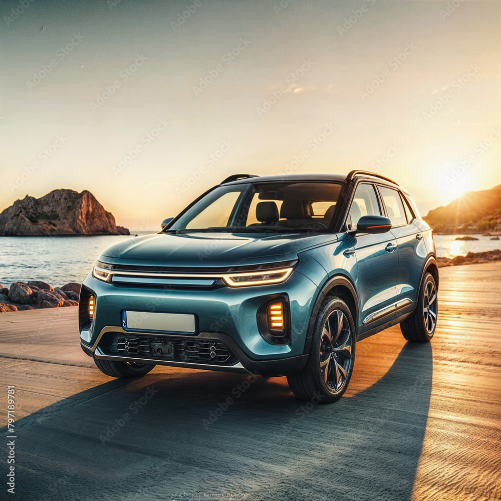 Blue compact SUV car with sport and modern design parked on concrete road by sea beach at sunset. New shiny SUV car drive for travel. Digital illustration created with generative ai.