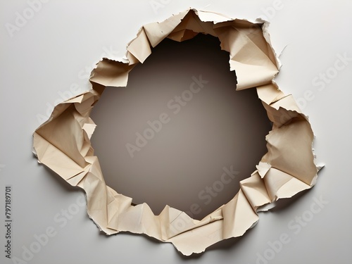 Ragged hole torn in ripped paper, isolated on white background