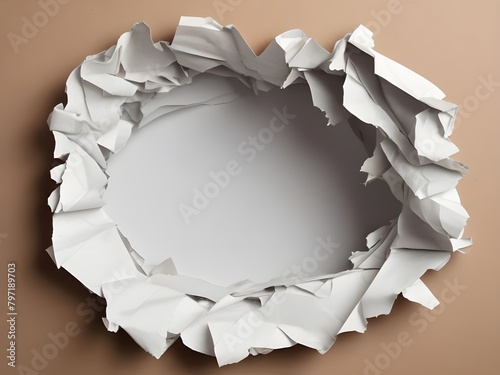 Ragged hole torn in ripped paper, isolated on white background