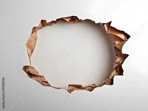 Ragged hole torn in ripped paper, isolated on white background