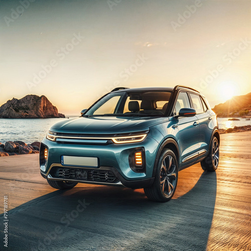 Blue compact SUV car with sport and modern design parked on concrete road by sea beach at sunset. New shiny SUV car drive for travel. Digital illustration created with generative ai.