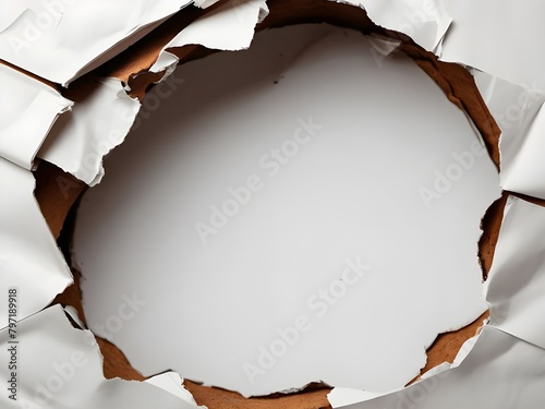 Ragged hole torn in ripped paper, isolated on white background