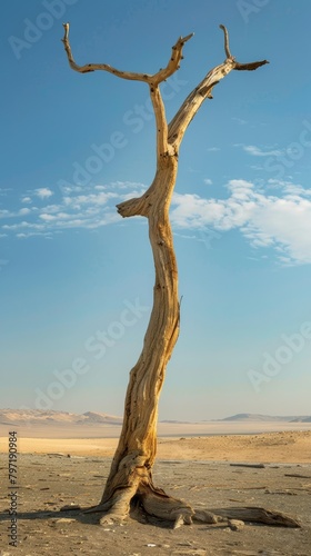 Solitary dead tree standing in desert landscape