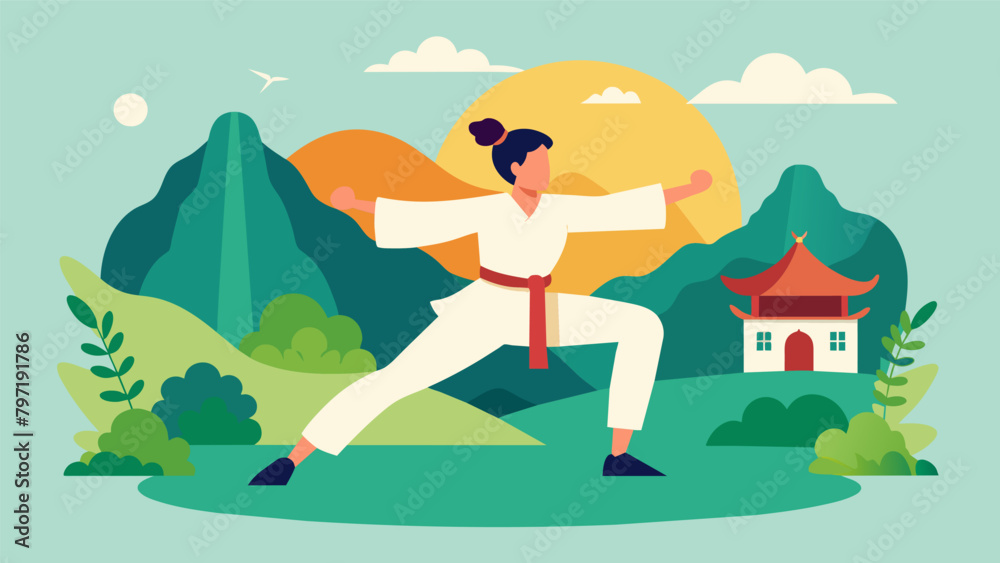 A person outdoors surrounded by nature practicing a traditional martial art such as kung fu or taekwondo as a way to reconnect with their roots A person outdoors surrounded by nature practicing a traditional martial art such as kung fu or taekwondo as a way to reconnect with their roots