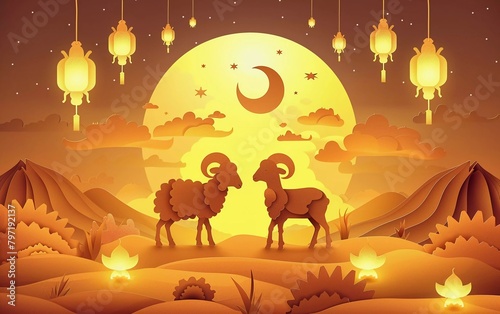  Eid Al Adha Mubarak celebration Muslim community festival background design with sheep and goat paper cut style. Vector Illustration