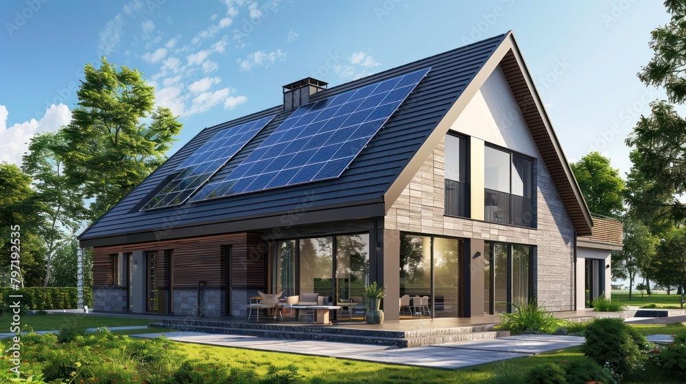 Modern minimalist American style house with solar panel cells on the roof. American house design facade. Modern minimalist American style house with solar panel cells on the roof. American house design facade.