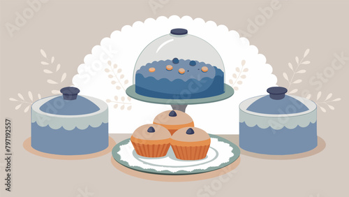 A pair of silver cloches revealing a spread of plump blueberry muffins mini quiches and a selection of artisanal jams and spreads served on a bed of.