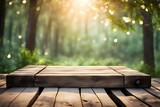 A wooden table with a view of trees and a bright sun