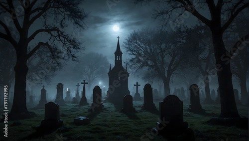 A foggy, moonlit graveyard with ancient tombstones and a distant silhouette of a church ai_generated