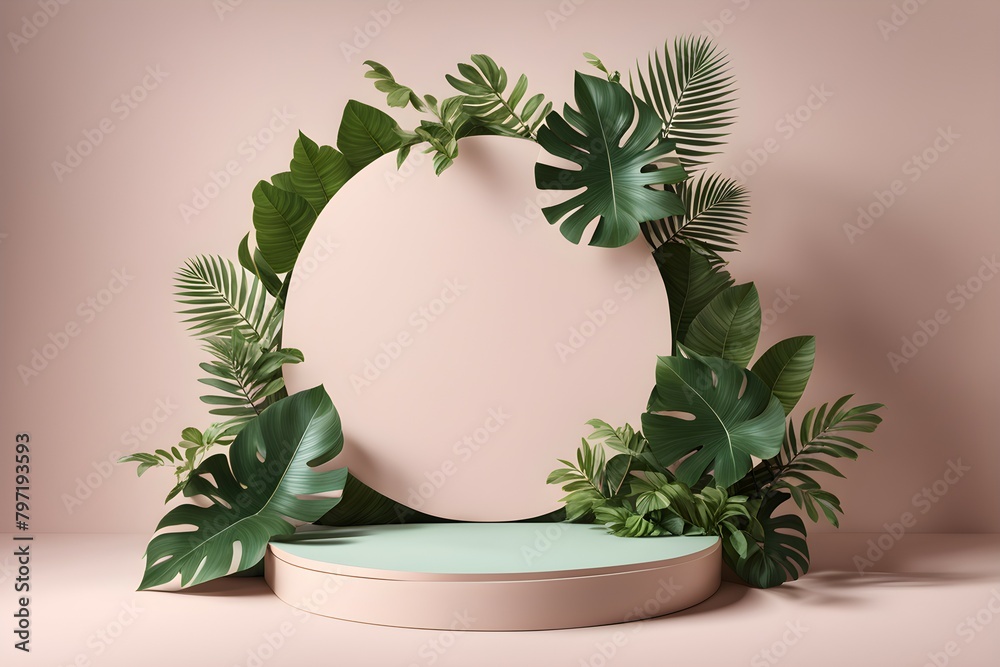 A large green leafy plant is placed on a pedestal A large green leafy plant is placed on a pedestal