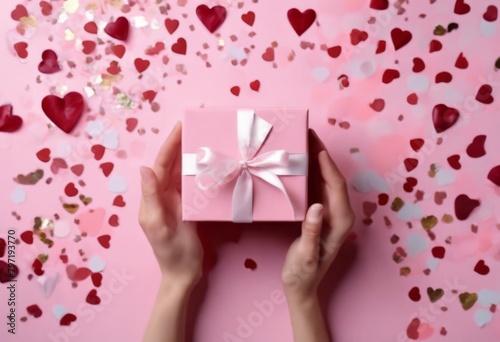 'confetti hands special Heart-shaped present holding top occasion composition wedding pastel decorated pink Woman lay gift view. Flat box table copy birthday valentine greeting party giv' photo