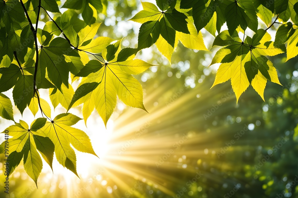 A tree with leaves is in the foreground and the sun is shining on it A tree with leaves is in the foreground and the sun is shining on it
