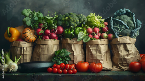 Freshly delivered locally grown fruits and vegetables packed in eco friendly paper bags or textile shopping bags, zero waste vegetarian nutrition concept