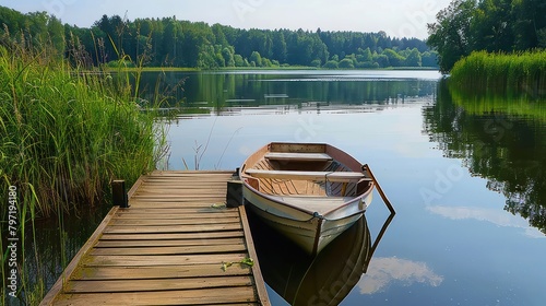 Fishing boats on a wooden pier on the river seen from above in summer